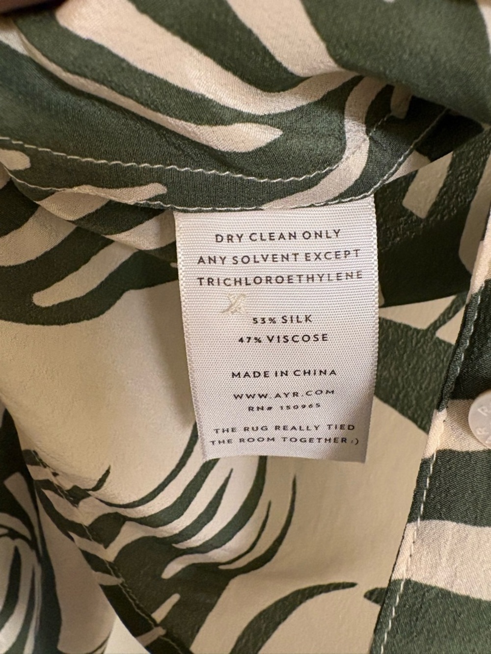 AYR Women's Short Sleeve Button Front Tropical Print Shirt - Green/White Silk - Picture 3 of 4